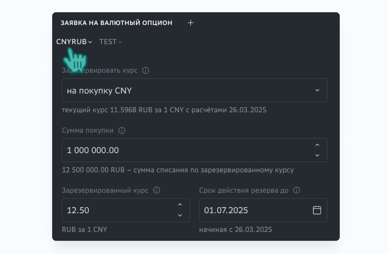 SberCIB Terminal Заявка на валютный опцион, выбор валютной пары
